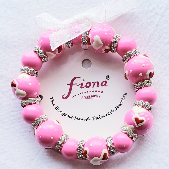 *Hand Painted Hearts Pink Glass Beads Stretch Bracelet NEW IN PKG - Picture 1 of 2